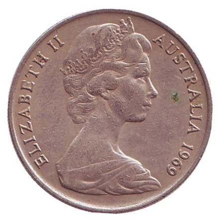 Монета 10 центов. 1969 год, Австралия. Лирохвост. Монета 10 центов. 1969 год, Австралия. Лирохвост.