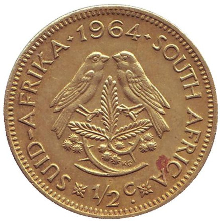 Монета 1/2 цента. 1964 год, ЮАР. Воробьи.