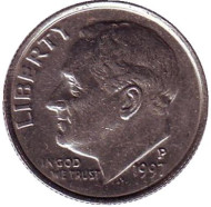 Монета 10 центов. 1997 (P) год, США. Рузвельт. Монета 10 центов. 1997 (P) год, США. Рузвельт.
