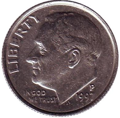 Монета 10 центов. 1997 (P) год, США. Рузвельт.