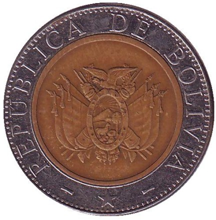 Монета 5 боливиано. 2001 год, Боливия. Монета 5 боливиано. 2001 год, Боливия.