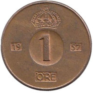 Монета 1 эре. 1957 год, Швеция.(TS) Монета 1 эре. 1957 год, Швеция.(TS)