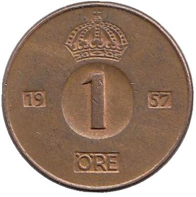 Монета 1 эре. 1957 год, Швеция.(TS)