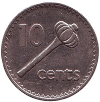 Метательная дубинка - ула тава тава. Монета 10 центов. 1995 год, Фиджи.
