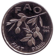 Монета 20 лип. 1995 год, Хорватия. Оливковая ветвь. FAO. ФАО. 50 лет продовольственной программе ООН. Монета 20 лип. 1995 год, Хорватия. Оливковая ветвь. FAO. ФАО. 50 лет продовольственной программе ООН.