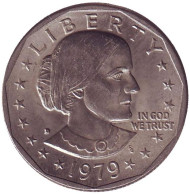 Монета 1 доллар, 1979 год, США. Монетный двор D. Сьюзен Энтони. Монета 1 доллар, 1979 год, США. Монетный двор D. Сьюзен Энтони.