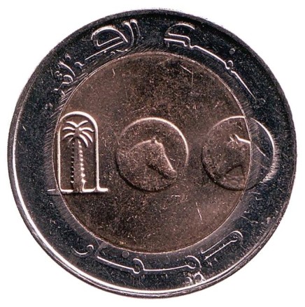 Монета 100 динаров. 2018 год, Алжир. Лошадь. Монета 100 динаров. 2018 год, Алжир. Лошадь.