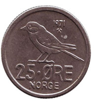 Монета 25 эре. 1971 год, Норвегия. Птица. Монета 25 эре. 1971 год, Норвегия. Птица.