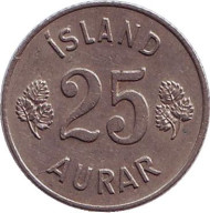 Монета 25 аураров. 1961 год, Исландия. Монета 25 аураров. 1961 год, Исландия.