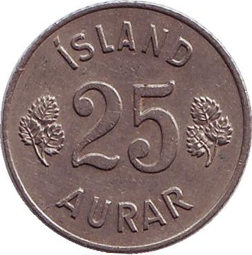 Монета 25 аураров. 1961 год, Исландия. Из обращения.