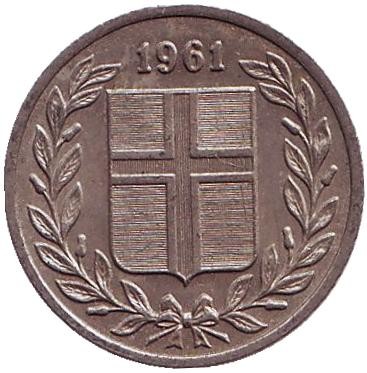 Монета 25 аураров. 1961 год, Исландия.