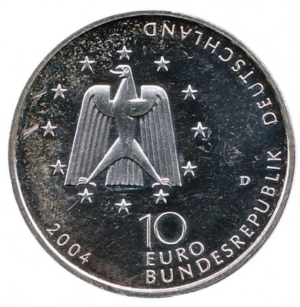 Монета 10 евро. 2004 год, Германия. Лаборатория Коламбус на МКС.