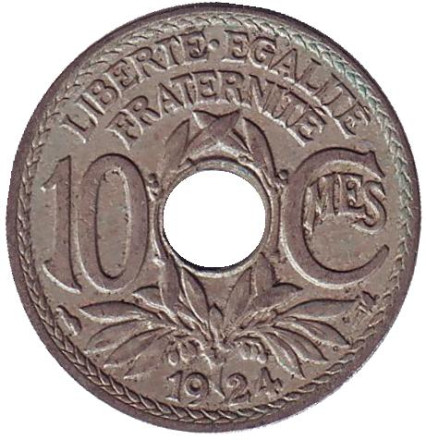 Монета 10 сантимов. 1924 год, Франция. (рог изобилия)