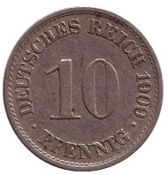 Монета 10 пфеннигов. 1909 год (A), Германская империя. Монета 10 пфеннигов. 1909 год (A), Германская империя.