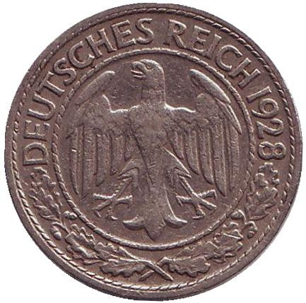 Монета 50 рейхспфеннигов. 1928 год (D), Веймарская республика.