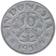 Монета 10 сен. 1951 год, Индонезия.  Монета 10 сен. 1951 год, Индонезия.