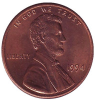 Монета 1 цент. 1994 год (P), США. Линкольн. Монета 1 цент. 1994 год (P), США. Линкольн.