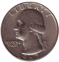 Монета 25 центов. 1967 год, США. Вашингтон. Монета 25 центов. 1967 год, США. Вашингтон.