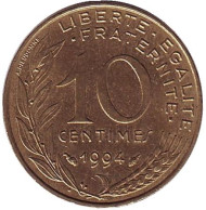 Монета 10 сантимов. 1994 год, Франция. (рыбка). Монета 10 сантимов. 1994 год, Франция. (рыбка).
