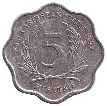 Монета 5 центов. 1992 год, Восточно-Карибские государства.