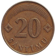 Монета 20 сантимов, 1992 год, Латвия. Из обращения. Монета 20 сантимов, 1992 год, Латвия. Из обращения.