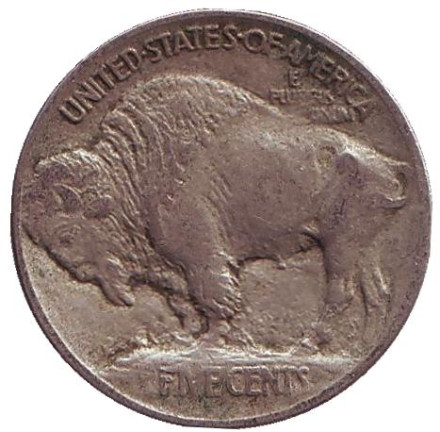 Монета 5 центов. 1913 год, США. (Поднятый курган на реверсе) Бизон. Индеец.