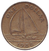 Монета 1 доллар. 1988 год, Бермудские острова. Парусник. Монета 1 доллар. 1988 год, Бермудские острова. Парусник.