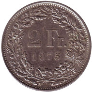 Монета 2 франка. 1975 год, Швейцария. Гельвеция. Монета 2 франка. 1975 год, Швейцария. Гельвеция.