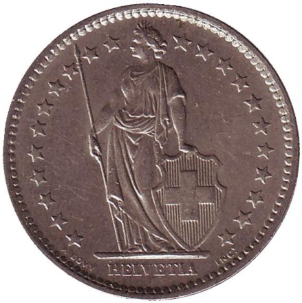 Монета 2 франка. 1975 год, Швейцария. Гельвеция. Монета 2 франка. 1975 год, Швейцария. Гельвеция.