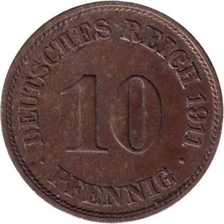 Монета 10 пфеннигов. 1911 год (J), Германская империя.
