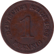 Монета 1 пфенниг. 1888 год (А), Германская империя. Монета 1 пфенниг. 1888 год (А), Германская империя.