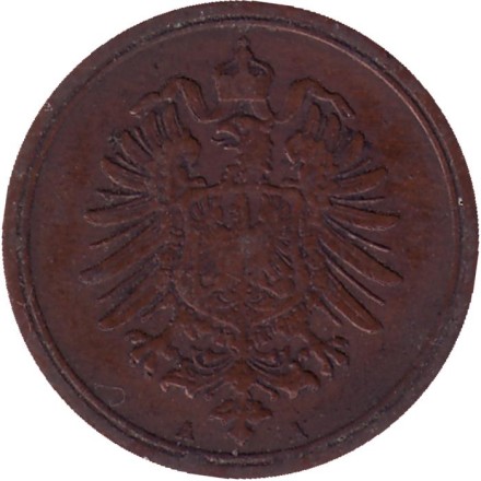 Монета 1 пфенниг. 1888 год (А), Германская империя. Монета 1 пфенниг. 1888 год (А), Германская империя.