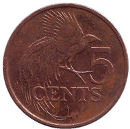 Монета 5 центов. 2008 год, Тринидад и Тобаго. Райская птица. Монета 5 центов. 2008 год, Тринидад и Тобаго. Райская птица.