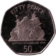Монета 50 пенсов. 2010 год, Гибралтар. Захват Гибралтара в 1704 году. Монета 50 пенсов. 2010 год, Гибралтар. Захват Гибралтара в 1704 году.