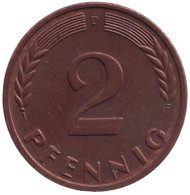 Монета 2 пфеннига. 1962 год (D), ФРГ. Дубовые листья. Монета 2 пфеннига. 1962 год (D), ФРГ. Дубовые листья.