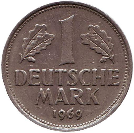 Монета 1 марка. 1969 год (J), ФРГ.