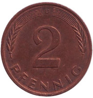 Монета 2 пфеннига. 1984 год (D), ФРГ. Дубовые листья. Монета 2 пфеннига. 1984 год (D), ФРГ. Дубовые листья.