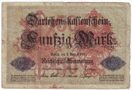 Рейхсбанкнота 50 марок. 1914 год, Германская империя. Рейхсбанкнота 50 марок. 1914 год, Германская империя.