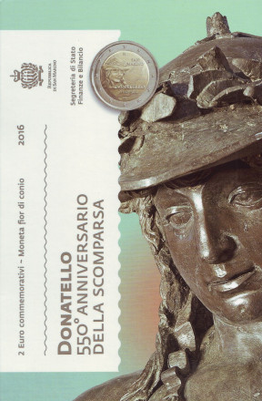 Монета 2 евро. 2016 год, Сан-Марино. 550 лет со дня смерти Донателло.
