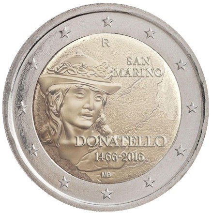 Монета 2 евро. 2016 год, Сан-Марино. 550 лет со дня смерти Донателло.