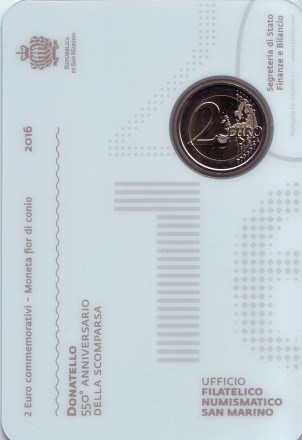 Монета 2 евро. 2016 год, Сан-Марино. 550 лет со дня смерти Донателло.