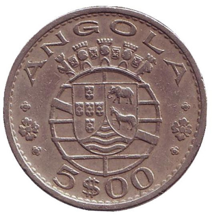 Монета 5 эскудо. 1972 год, Ангола в составе Португалии.