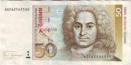 Банкнота 50 марок. 1989 год, ФРГ. Бальтазар Нейман.