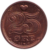 Монета 25 эре. 2001 год, Дания. Монета 25 эре. 2001 год, Дания.