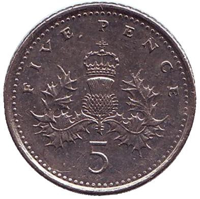 Монета 5 пенсов. 1995 год, Великобритания.