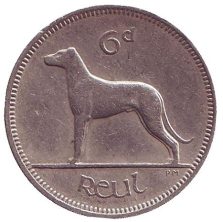 Монета 6 пенсов. 1961 год, Ирландия. Ирландский волкодав.