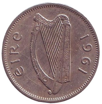 Монета 6 пенсов. 1961 год, Ирландия. Ирландский волкодав.