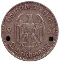 Монета 2 рейхсмарки. 1934 год, Германия (Третий Рейх). (G). Монета 2 рейхсмарки. 1934 год, Германия (Третий Рейх). (G).