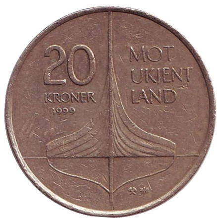 Монета 20 крон. 1999 год, Норвегия. Винланд. Открытие викингами Северной Америки.