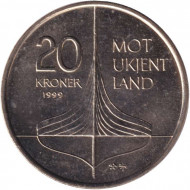 Монета 20 крон. 1999 год, Норвегия. Винланд. Открытие викингами Северной Америки. Монета 20 крон. 1999 год, Норвегия. Винланд. Открытие викингами Северной Америки.